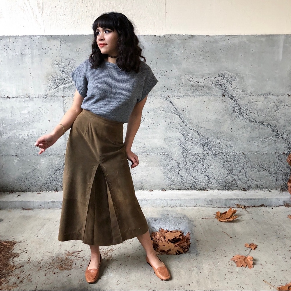 Vintage Faux Suede Front Pleat Midi Skirt